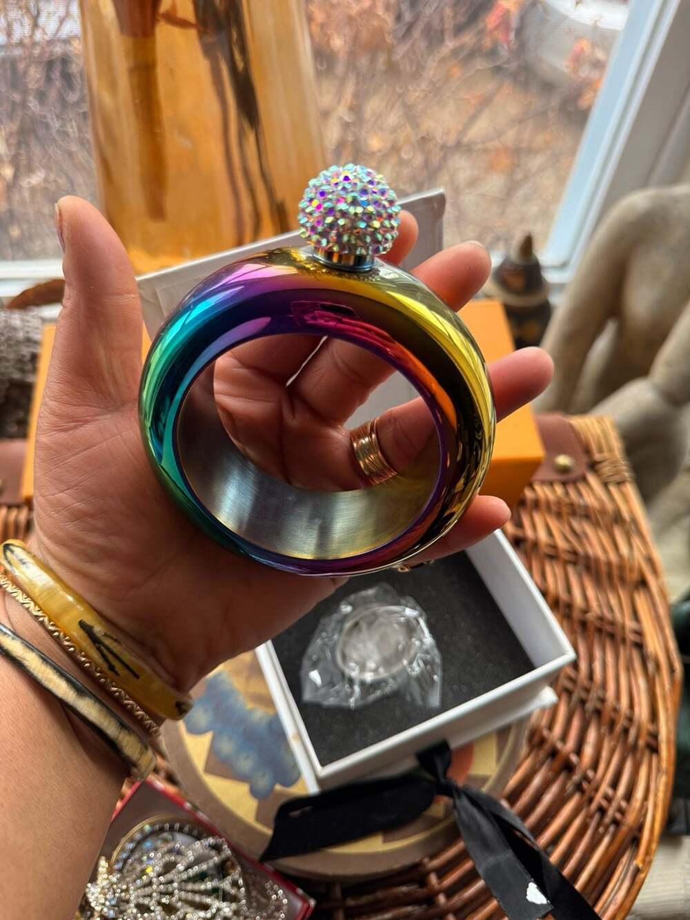 NEW!! Little Machés Rainbow Iridescent Bracelet Flask with Rhinestone Lid